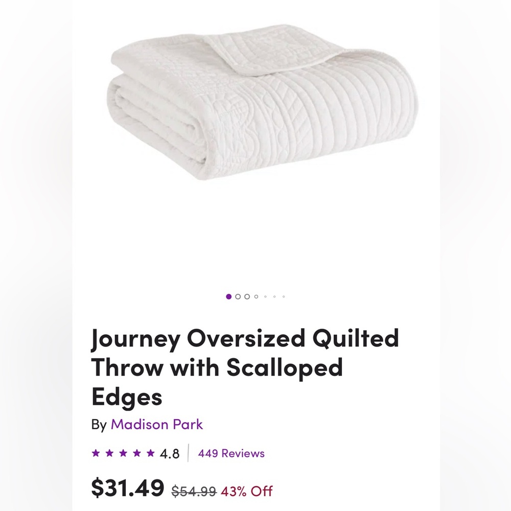 Madison Park Cream Quilted Throw